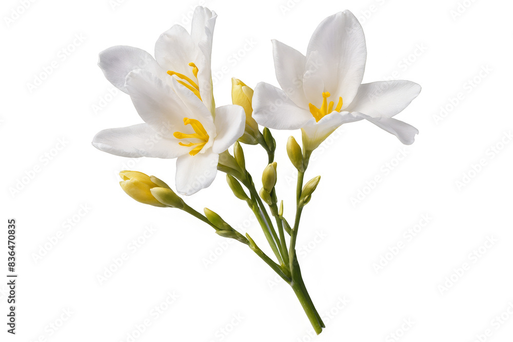 Freesia flowers with buds bloom against a transparent, white background in png format, showcasing the delicate petals and vibrant yellow centers Freesia flowers with buds bloom against a transparent, white background in png format, showcasing the delicate petals and vibrant yellow centers