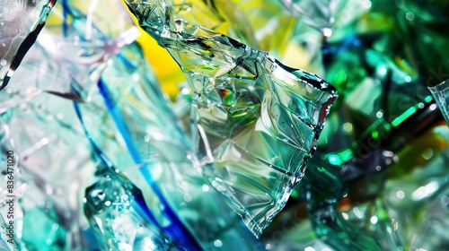Close view of a crushed plastic bottle in a recycling device, dynamic angle, vibrant colors, high detail. 