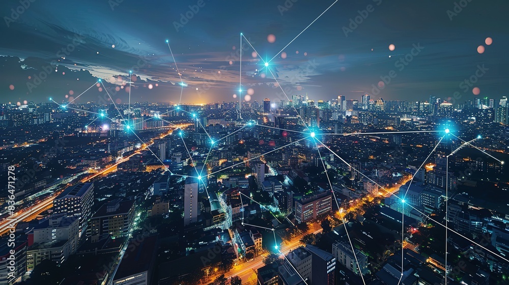 Smart city with connecting network and internet of things digital over the Skyline