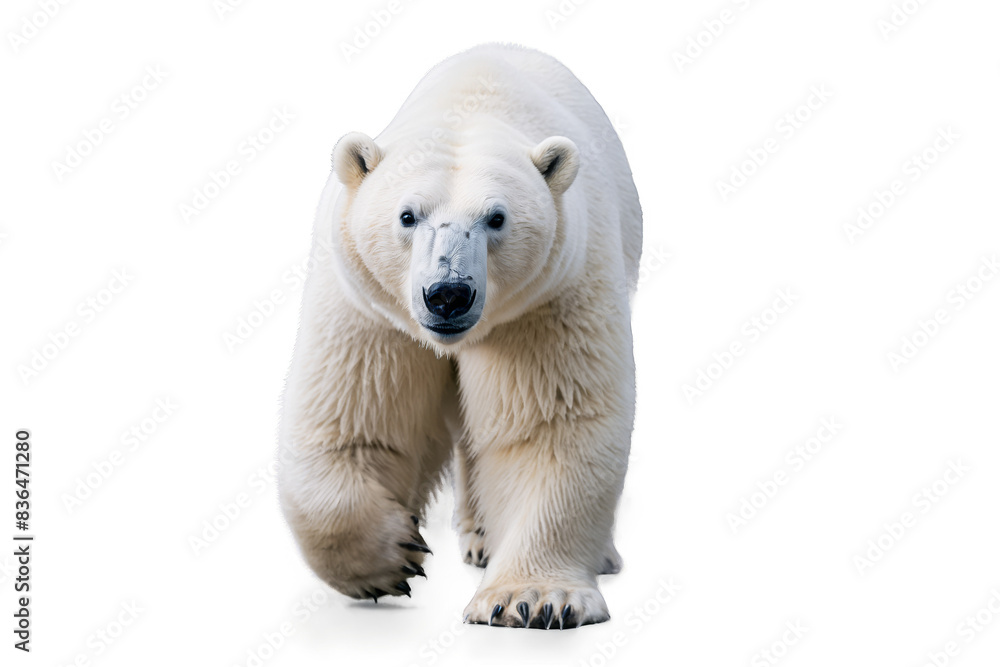 Full-body image of a polar bear walking with a transparent look and set against a png, white background Full-body image of a polar bear walking with a transparent look and set against a png, white background