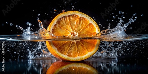 A half orange with water droplets and half submerged in water on a black background - Generative AI 