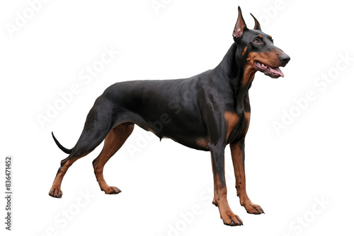 Full side view of a Doberman dog standing with its ears perked, on a transparent, png, white background photo