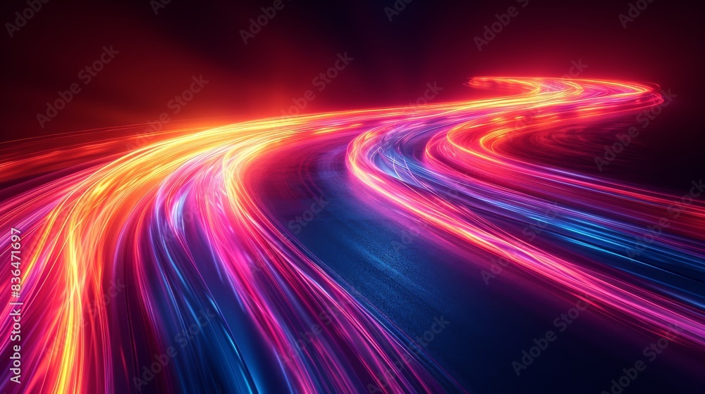 Neon light trails on a curved road at night, futuristic and dynamic concept Neon light trails on a curved road at night, futuristic and dynamic concept