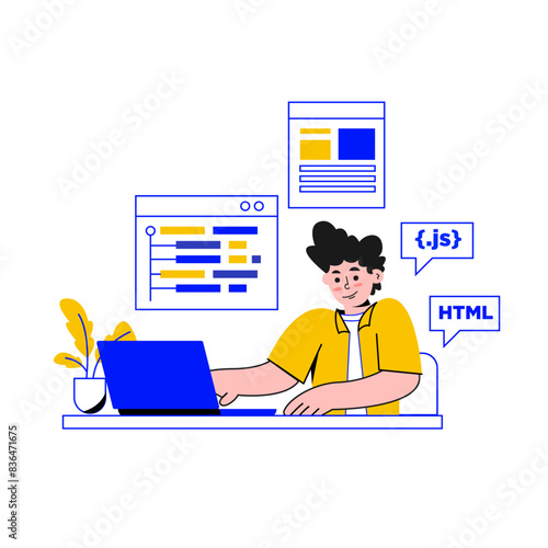 Vector of developer man developing program on him desk