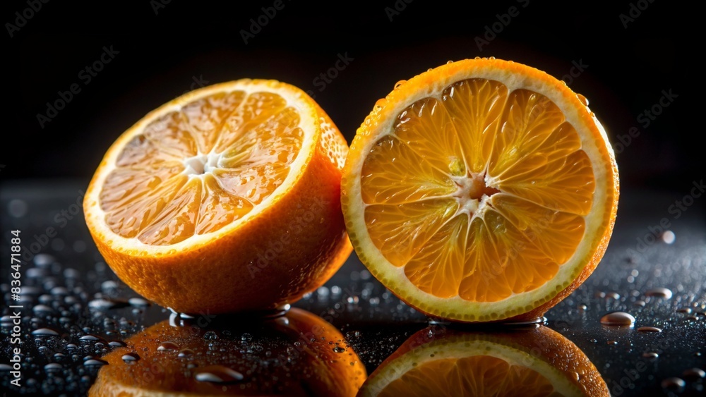 Two half sour oranges with water droplets and half submerged in water on a black background - Generative AI
Two half sour oranges with water droplets and half submerged in water on a black background - Generative AI