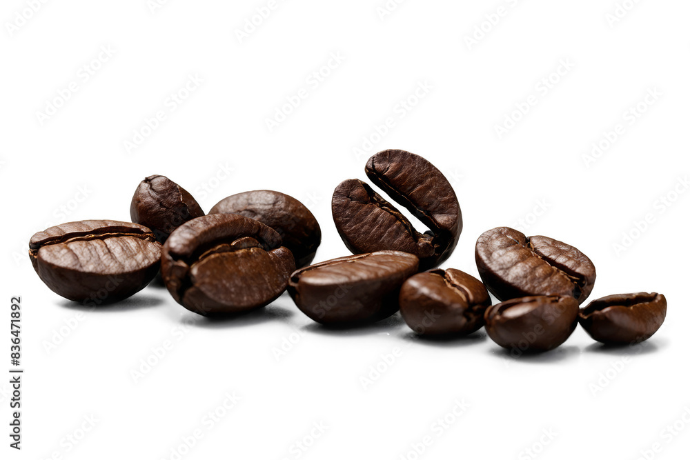 Obraz premium Freshly roasted coffee beans scattered across the frame Transparent, white background, png