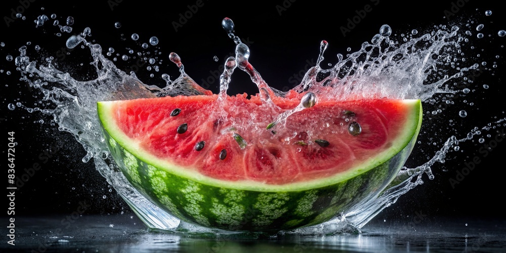 A watermelon with water droplets and half submerged in water on a black background - Generative AI
A watermelon with water droplets and half submerged in water on a black background - Generative AI
