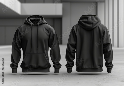 Black hoodie front and back view on an urban background. Product mockup for design and print.