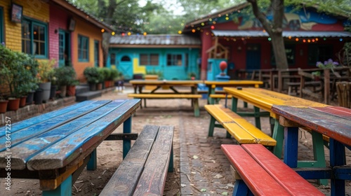 A lively and colorful outdoor seating area featuring vividly painted picnic tables and garden surroundings, creating an inviting atmosphere for social gatherings © aicandy