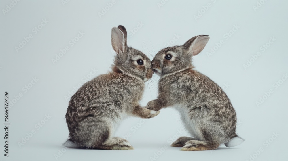 Gray bunny couple kissing isolated on plain white background. Animal cute pet. Gray bunny couple kissing isolated on plain white background. Animal cute pet.