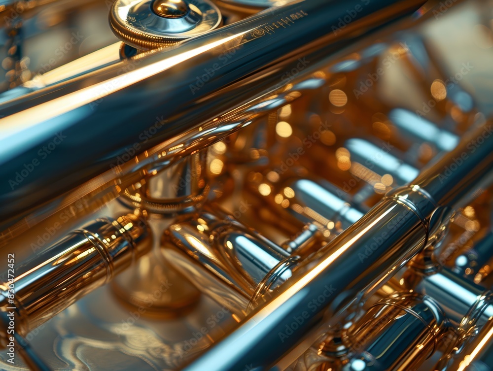Naklejka premium A detailed close-up of shiny, reflective brass and silver wind instrument with fine intricate components and tubes arranged in a captivating manner