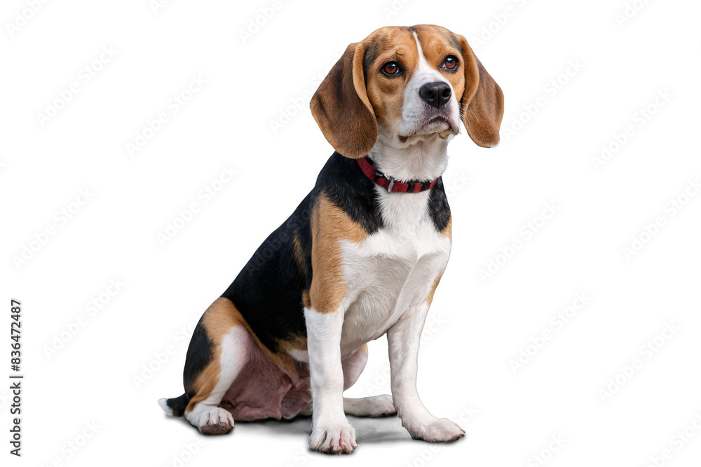 Beagle dog seated with its face blurred out, on a white, transparent background, png