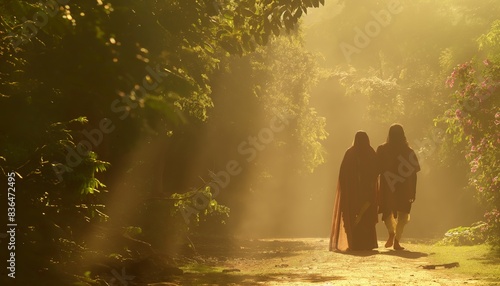 Indian god Rama and goddess Sita walking together in the forest
