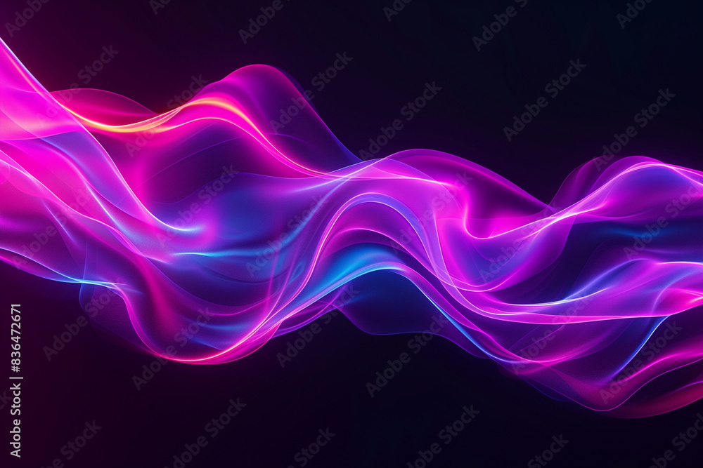 Bright fluid neon light violet swirl line on black background. Abstract liquid purple pink wave. Art trippy luxury digital backdrop. Banner. Template. NFT card. Copy space. Big Data Innovations. Cloud Bright fluid neon light violet swirl line on black background. Abstract liquid purple pink wave. Art trippy luxury digital backdrop. Banner. Template. NFT card. Copy space. Big Data Innovations. Cloud