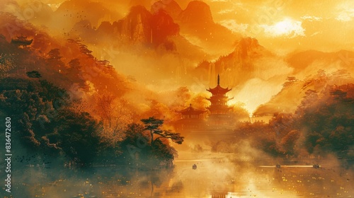 Traditional Chinese pagoda amidst autumn foliage with mountains and mist. Cultural and nature concept.