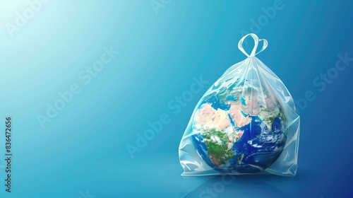 Concept of International Plastic Bag Free Day, plastic waste floating in the sea , The Earth is in a white plastic handle bag , Generative AI