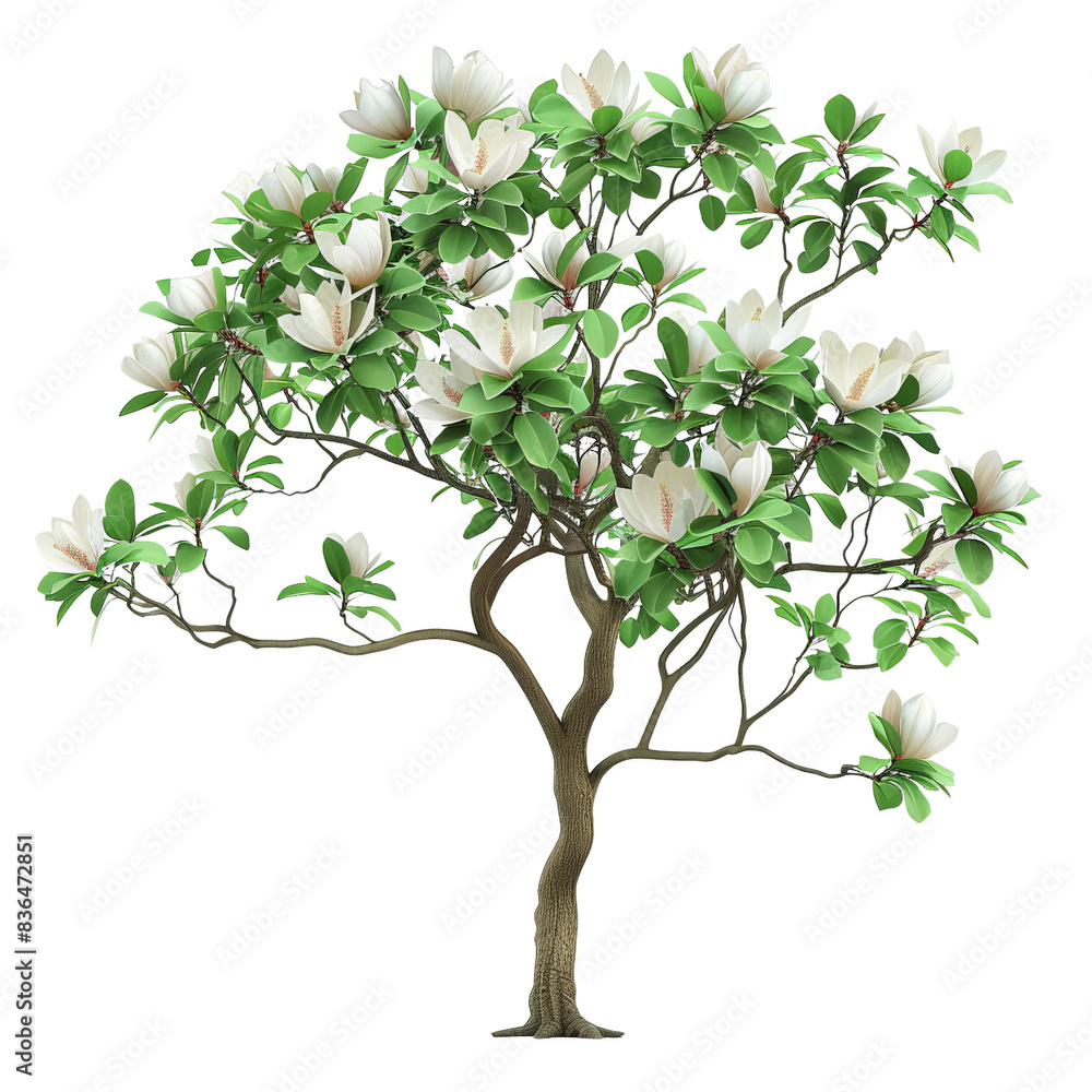 A flowering magnolia tree with large, fragrant white blossoms and glossy green leaves, isolated on white background, capturing the elegance of spring A flowering magnolia tree with large, fragrant white blossoms and glossy green leaves, isolated on white background, capturing the elegance of spring
