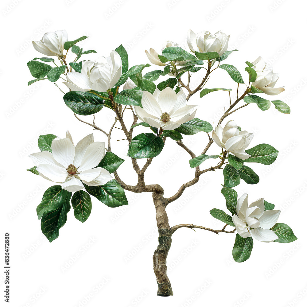 Fototapeta premium A flowering magnolia tree with large, fragrant white blossoms and glossy green leaves, isolated on white background, capturing the elegance of spring