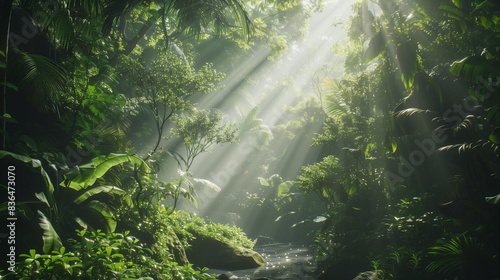 lush rainforest with sunlight filtering through dense foliage  serene and atmospheric scene