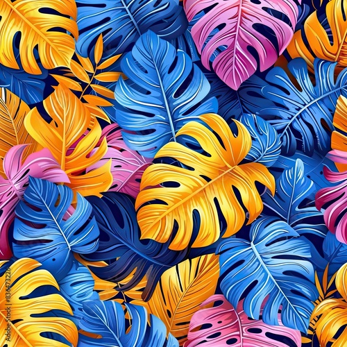 Orange blue pink vector tropical pattern with jungle leaves bohemian decor  seamless textile background. Floral jungle ornament with monstera leaf tropical seamless pattern.