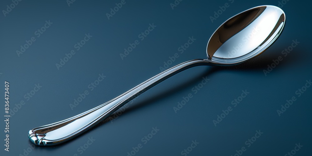 A high-quality photograph of a shiny stainless steel spoon with intricate detailing, perfectly depicted against a smooth, dark blue background A high-quality photograph of a shiny stainless steel spoon with intricate detailing, perfectly depicted against a smooth, dark blue background