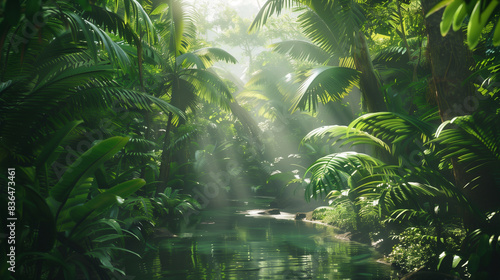 tropical rainforest with sunlight filtering through foliage  serene stream  lush greenery