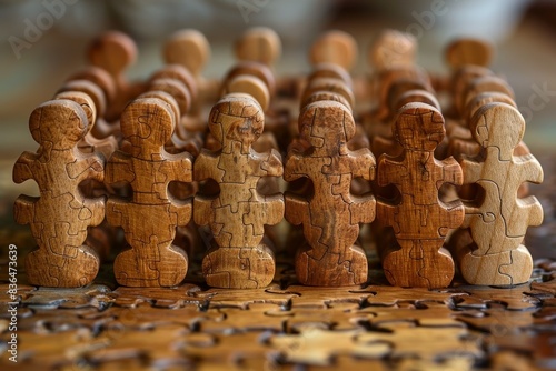 A collection of intricately carved wooden puzzle pieces shaped like human figures, seamlessly interlocked, symbolizing unity and harmony photo