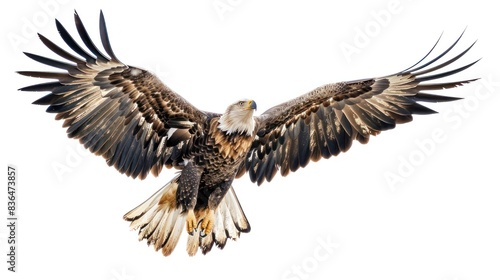 White-headed eagle falcon flying flapping its wide wings isolated on white background.