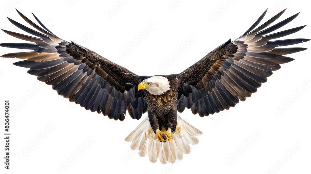 White-headed eagle falcon flying flapping its wide wings isolated on white background. White-headed eagle falcon flying flapping its wide wings isolated on white background.
