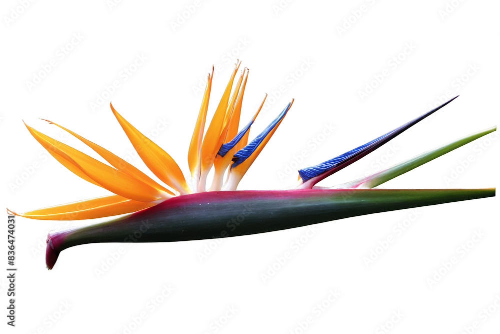 Vibrant bird of paradise flower represented in stunning detail, isolated on a transparent, white background in png format Vibrant bird of paradise flower represented in stunning detail, isolated on a transparent, white background in png format