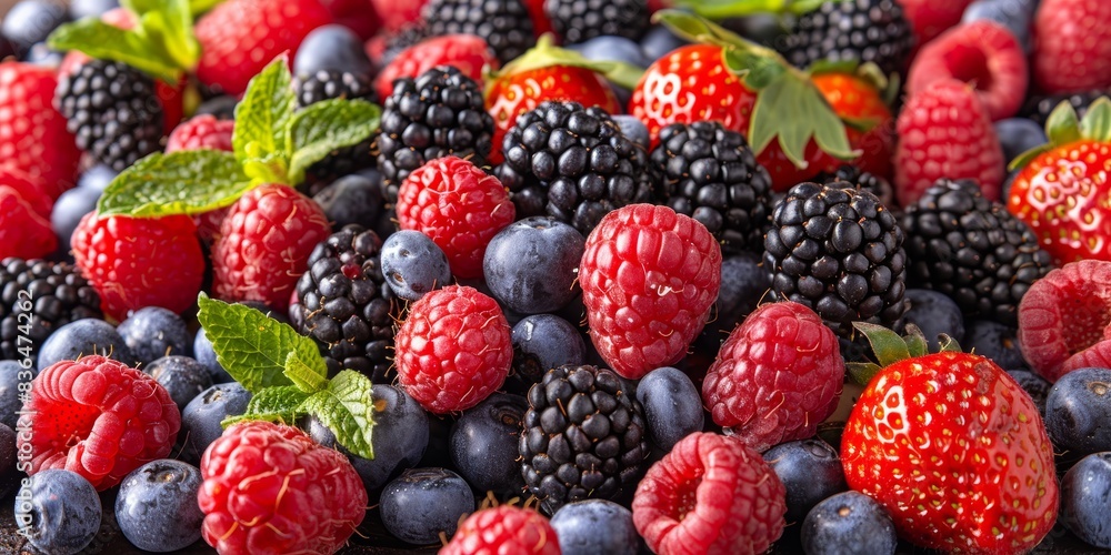 An assortment of fresh and vibrant berries including strawberries, raspberries, blackberries, and blueberries, garnished with mint leaves, showcasing a colorful and healthy fruit medley An assortment of fresh and vibrant berries including strawberries, raspberries, blackberries, and blueberries, garnished with mint leaves, showcasing a colorful and healthy fruit medley