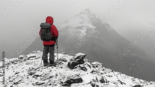 A lone trekker in a red jacket stands atop a snow-covered rocky mountain peak, gazing at a fog-shrouded, towering mountain in the distance during a winter expedition