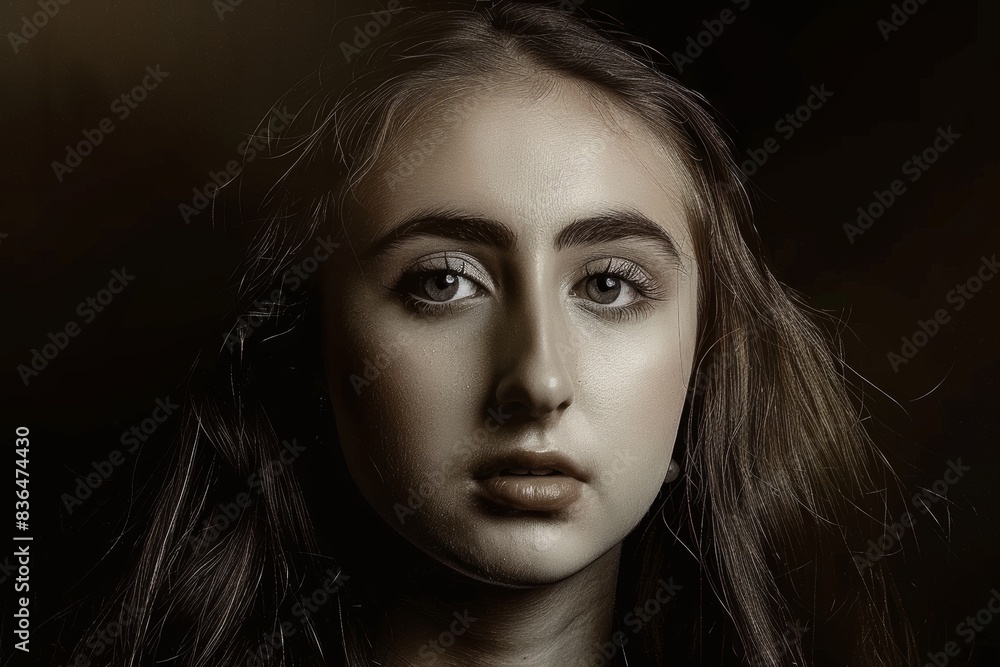 A highly detailed, photorealistic close-up portrait of a young woman with long hair and expressive eyes, set against a dark background