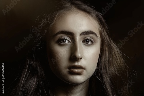 Wallpaper Mural A highly detailed, photorealistic close-up portrait of a young woman with long hair and expressive eyes, set against a dark background Torontodigital.ca