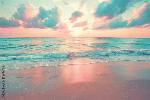 Beautiful sunset over the ocean on an empty beach with copy space for text. Beautiful seascape background