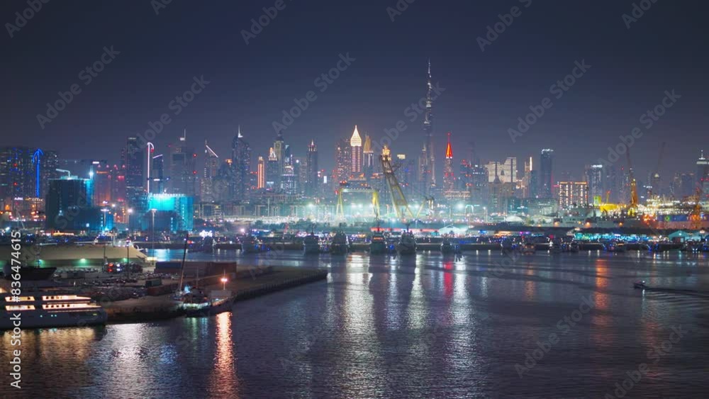 Dubai, United Arab Emirates - Jan 12 2024, 4k, Aerial view of luminous downtown Dubai skyscrapers, with Burj Khalifa in middle, at nighttime with port on foreground, Dubai, United Arab Emirates Dubai, United Arab Emirates - Jan 12 2024, 4k, Aerial view of luminous downtown Dubai skyscrapers, with Burj Khalifa in middle, at nighttime with port on foreground, Dubai, United Arab Emirates