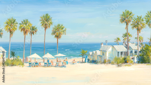 Serene Summer Beach Scene with Palm Trees  Beach Houses  Umbrellas  and People Relaxing by the Ocean