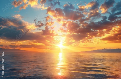 Beautiful sunset over the sea with sun and clouds in sky. summer landscape.