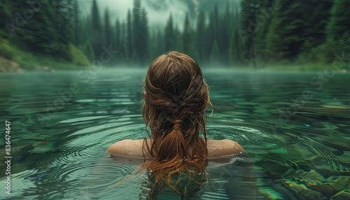 Fototapeta Naklejka Na Ścianę i Meble -  A woman is swimming in a lake with her hair wet