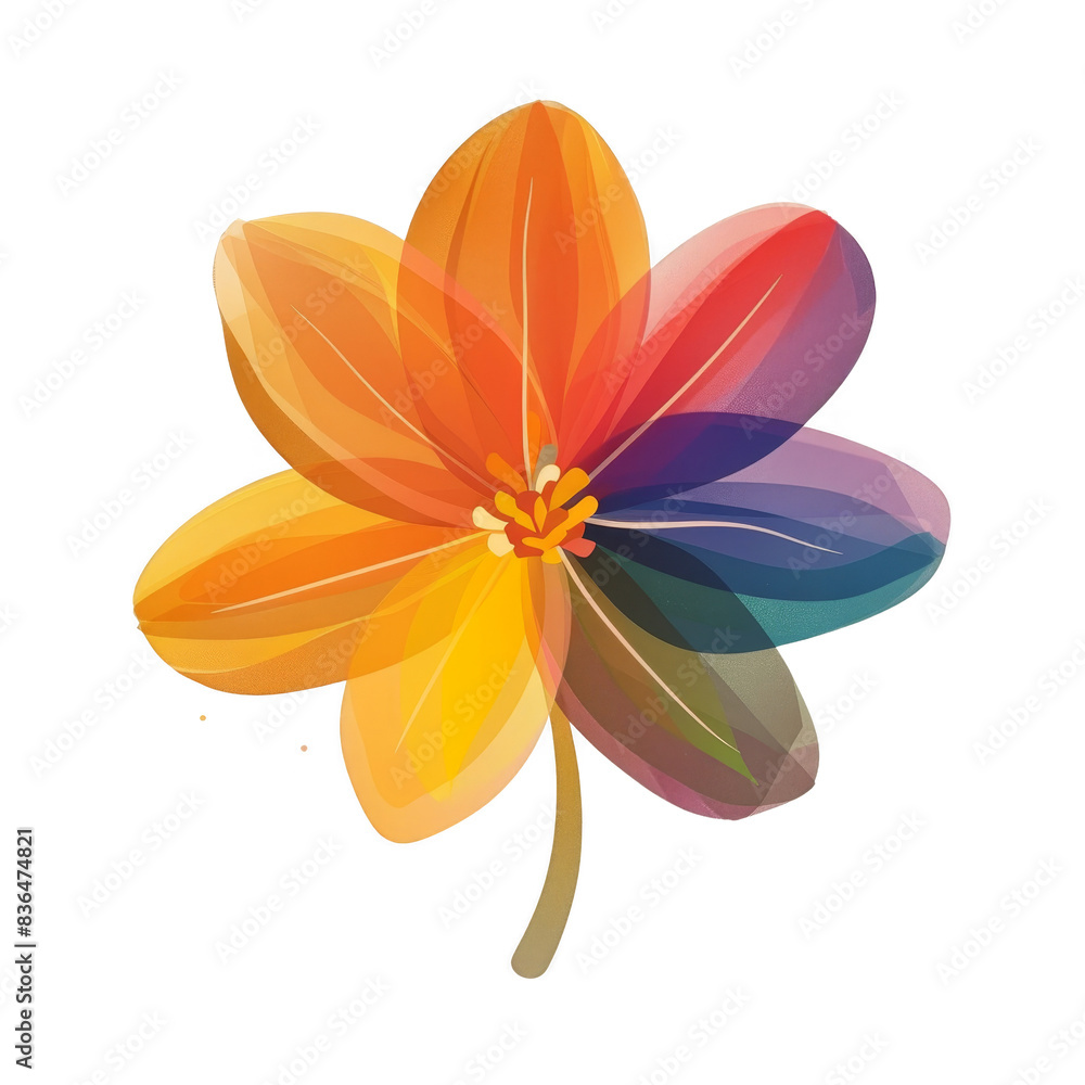 Abstract colorful flower with six petals. The flower is rendered in a digital, geometric style. The colors of the flower are warm and vibrant. Abstract colorful flower with six petals. The flower is rendered in a digital, geometric style. The colors of the flower are warm and vibrant.
