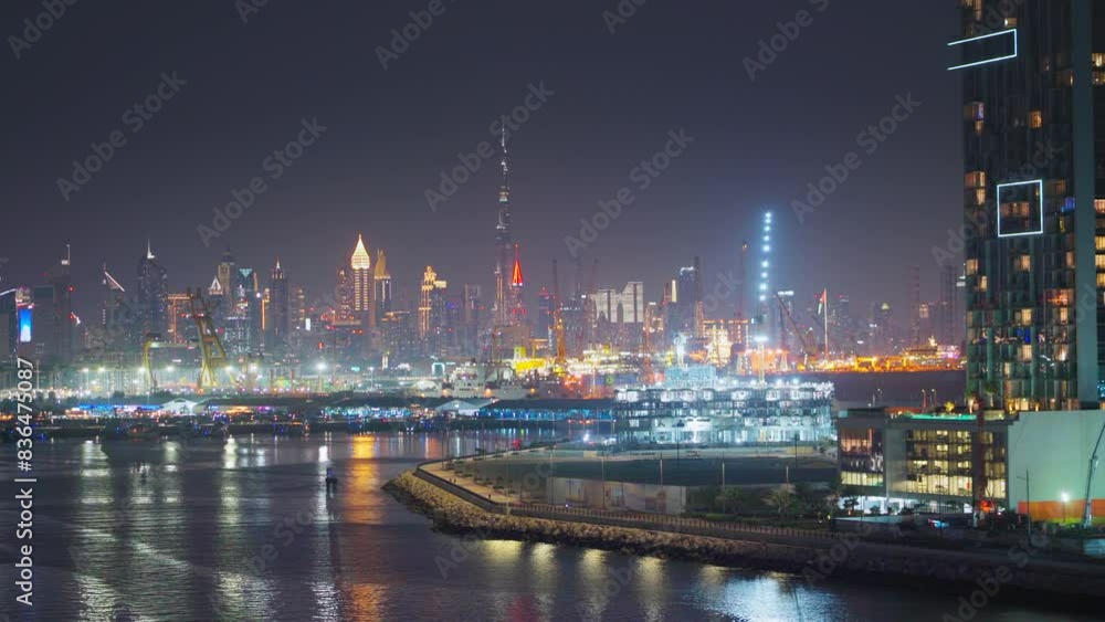Dubai, United Arab Emirates - Jan 12 2024, 4k, Aerial view of luminous downtown Dubai skyscrapers, with Burj Khalifa in middle, at nighttime with port on foreground, Dubai, United Arab Emirates Dubai, United Arab Emirates - Jan 12 2024, 4k, Aerial view of luminous downtown Dubai skyscrapers, with Burj Khalifa in middle, at nighttime with port on foreground, Dubai, United Arab Emirates