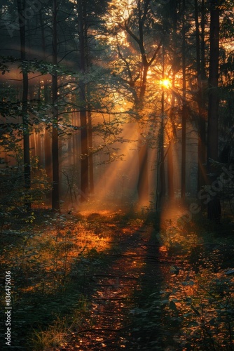 A serene forest scene with sunlight streaming through the trees, casting a warm, ethereal glow on the foliage and creating a magical atmosphere © aicandy