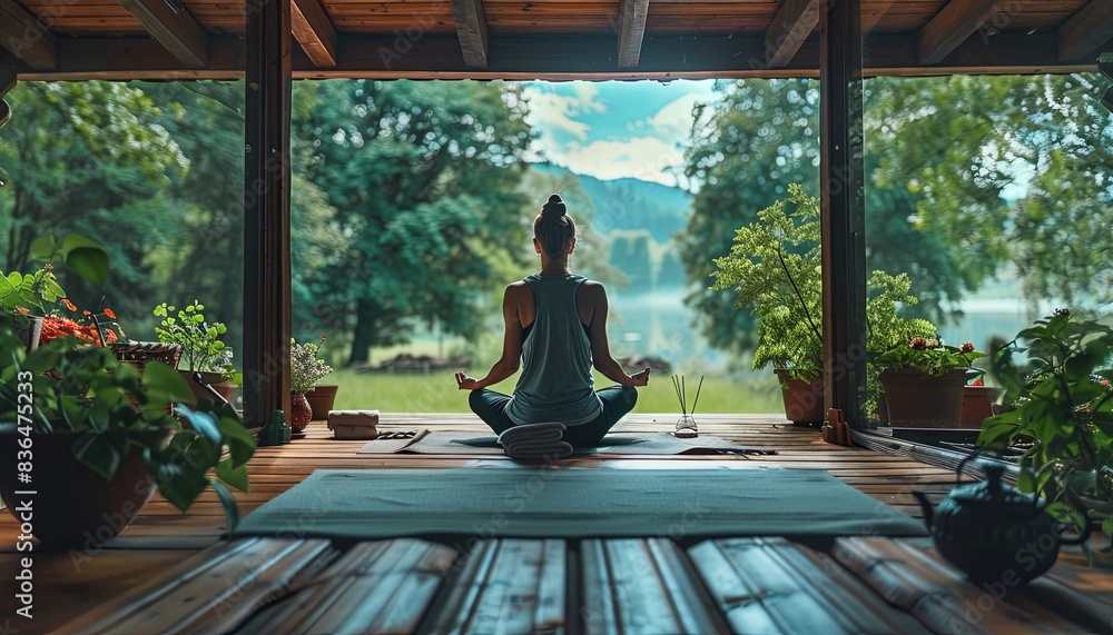 A woman is sitting in a room with a view of a lake A woman is sitting in a room with a view of a lake