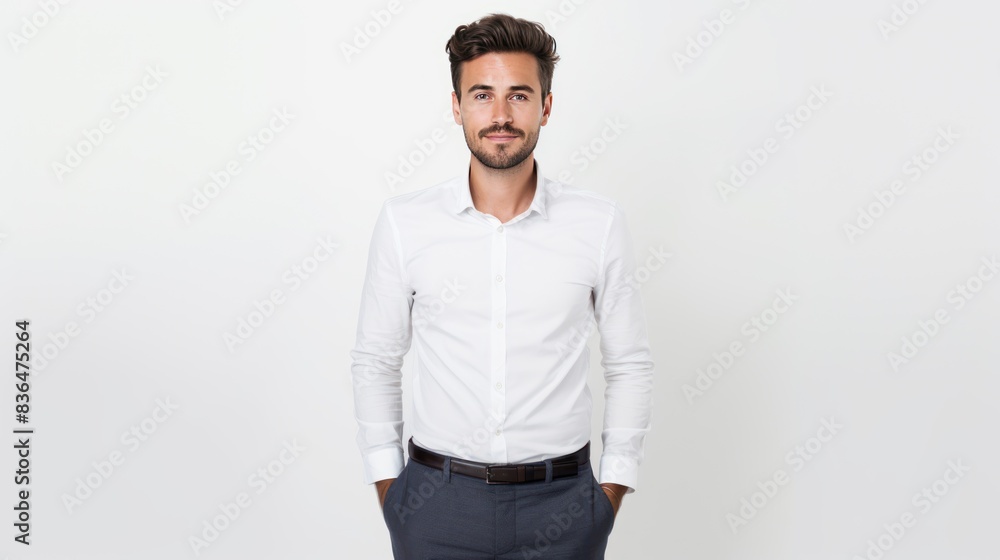 young teacher with his hands casually resting in his pockets, standing against a clean white background young teacher with his hands casually resting in his pockets, standing against a clean white background