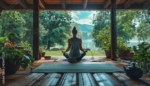 A woman is sitting in a room with a view of a lake