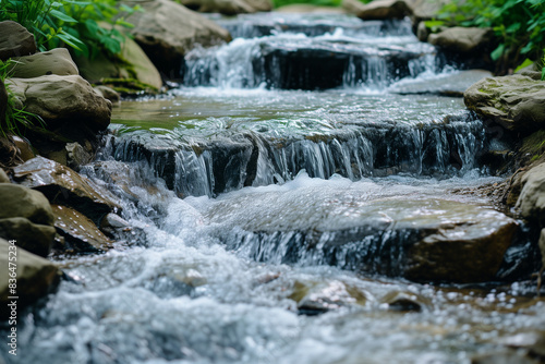 stream flow large puddle coming from the foot of a high cliff are flowing in the same direction There are stones blocking to slow down the speed of the water at regular intervals.


