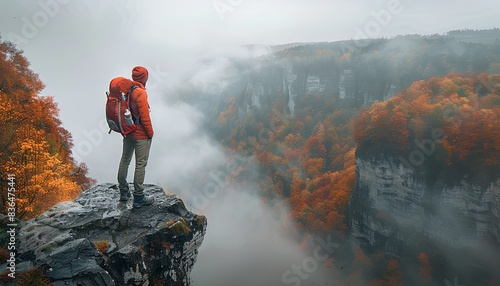 A man in an orange jacket stands on a rocky ledge overlooking a valley