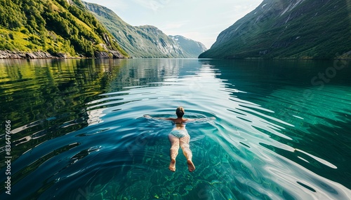 A woman is swimming in a lake with mountains in the background
