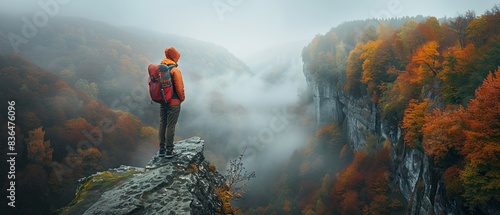 A man in an orange jacket stands on a rocky ledge overlooking a forest photo