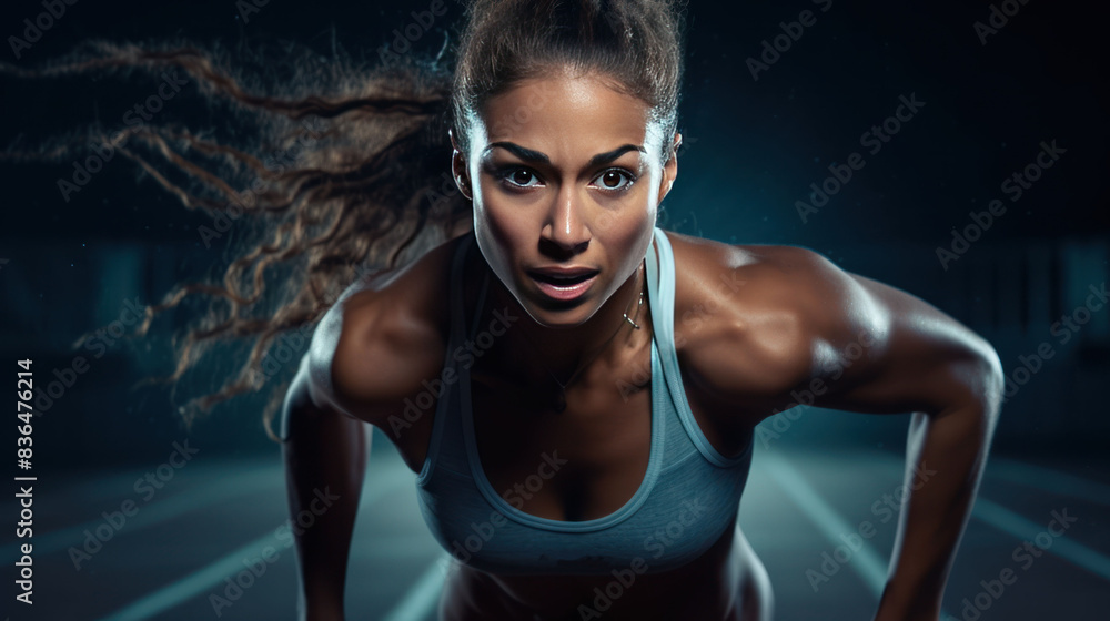a female athlete sprinting down a running track, exuding determination and energy, a female athlete sprinting down a running track, exuding determination and energy,